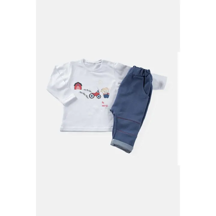 Conjunto: Jersey de Algodón elástico de manga largo y de tejido Denim Pantalón elástico de entrepieza Baja con bolsos, Cortes y Perfiles contrastantes - 1