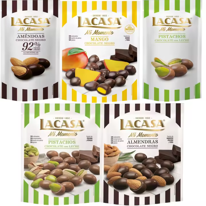 Lacasa Mi Momento pack de 5:Pistacho Chocolate Leche ,Almendra 92% ,Almendra Chocolate Negro ,Pistacho Chocolate Leche,Mango Chocolate Negro - 1