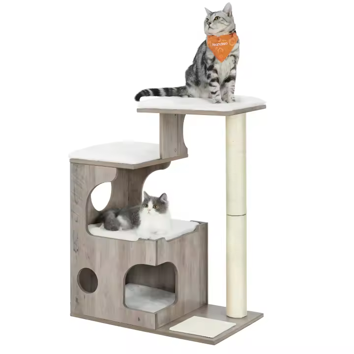Feandrea Árbol de Gatos, Tablero de aglomerado de 86 cm de Altura, con Poste de Sisal, Plataforma, Cubierta de Piel Sintética Lavable, Greige y Blanco /Marrón Rústico/Gris Niebla/Blanco Nube - 1