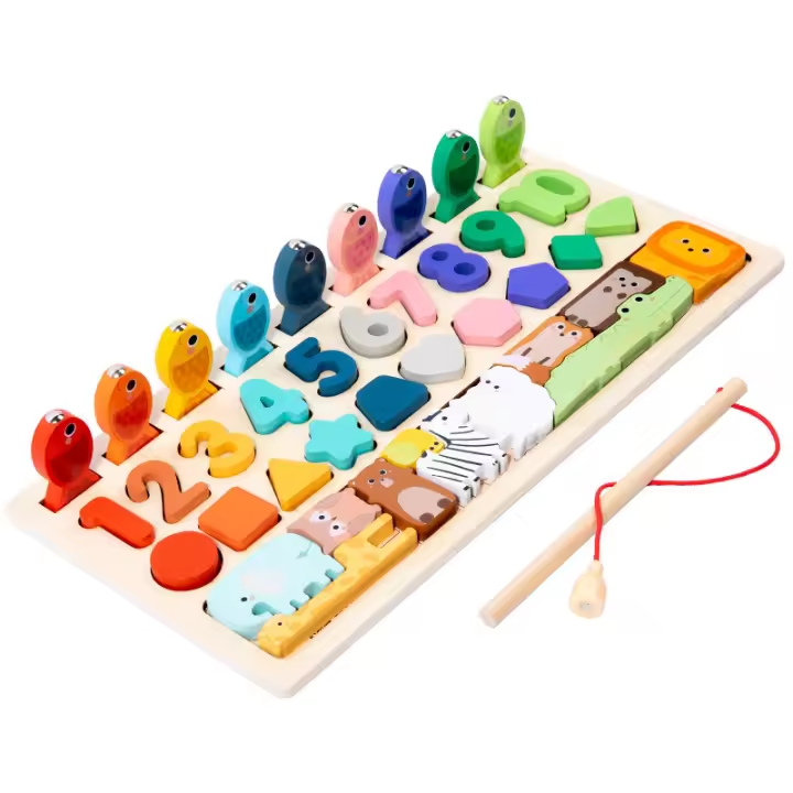 Juego De Pesca De Formas Montessori En Madera Bloques De Construcción Para Niños Educativo Jigsaw De Conteo Y Matemáticas - 1