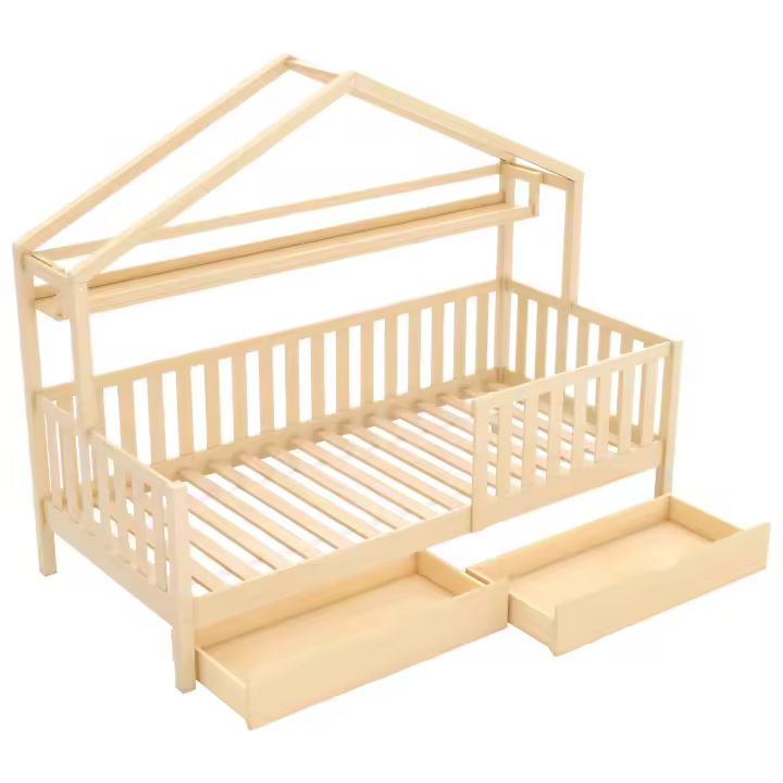 Cama Infantil color Madera, Cama Infantil Cama de Casa Con Cajones, Madera Maciza Con somier de lámparas, Cama de Casa de Pino, habitación Infantil y Juvenil, 90x200, color natural - 1
