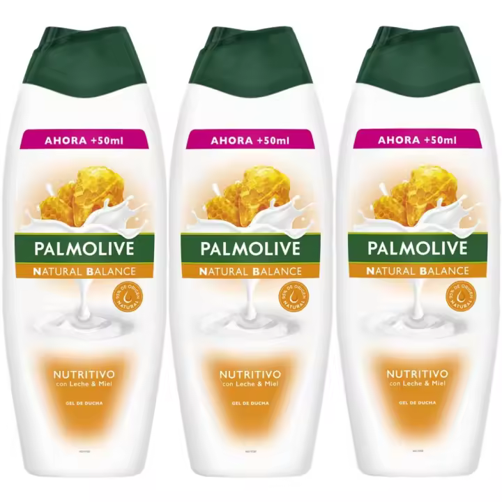 Palmolive Gel de Baño en Crema Natural Balance Nutritivo Con Leche y Miel, Botella 550+50 ml, Pack 3 uds - Gel de ducha cremoso, agradable fragancia, ayuda a mantener la hidratación natural de la piel, ingredientes y envases sostenibles, 600 ml. - 1