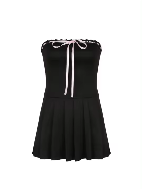 Vestido A-Line Sin Tirantes De Moda Coreana Con Lazo Y Contraste Para Mujeres Estilo Dulce Kawaii Corto De Cintura Empírica - 1