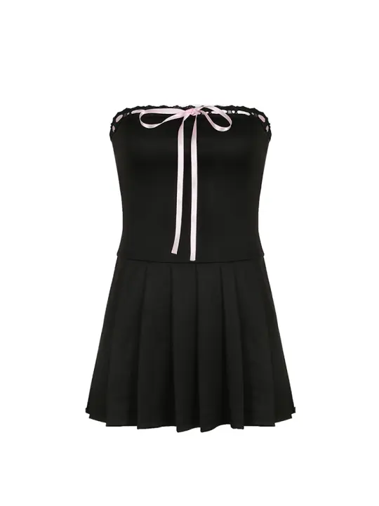 Vestido A-Line Sin Tirantes De Moda Coreana Con Lazo Y Contraste Para Mujeres Estilo Dulce Kawaii Corto De Cintura Empírica - 1