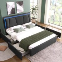 Cama de almacenamiento Marco de Cama, base de listones de Madera, gris (sin pecho) Cama tapizada with iluminación LED Y 4, cabecera ajustable en Altura, Cama Doble 160x200cm - details 1