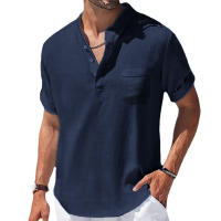 Camisa De Algodón Y Lino Para Hombres Verano Cuello Henry Camiseta Casual Manga Corta Ropa Masculina Transpirable Y Ligera - details 4