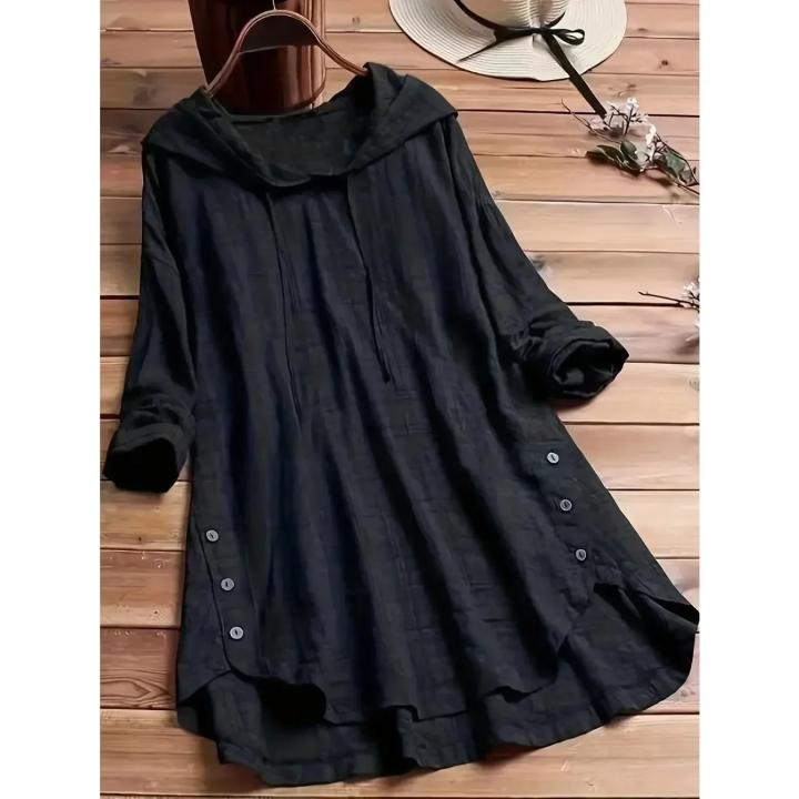 Camisa Casual De Punto Para Mujer Tallas Grandes 1XL-5XL Primavera Otoño a Prueba De Viento Con Capucha Estampado a Cuadros Manga Larga Suéter Versátil