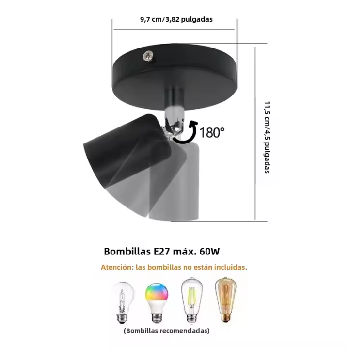 Luz De Techo Ajustable En Ángulo Con Brazo Oscilante Negro E27 Base Para Comedor Cocina Pasillo Lobby Balcón Sin Bombilla - 1