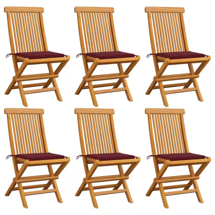 vidaXL Sillas de jardín 6 uds con cojines rojo tinto madera de teca - 1
