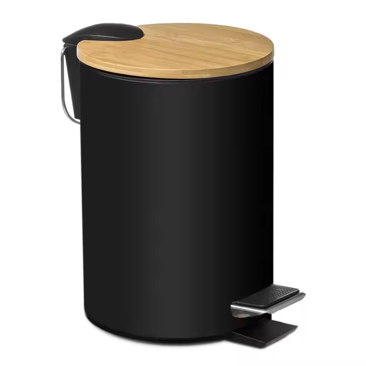 TIENDA EURASIA - Papelera de Metal con Tapa de Bambu, 3L, 17x22,5x23,5 cm, Cubo de Basura Pequeño Extraíble, con Pedal - 1