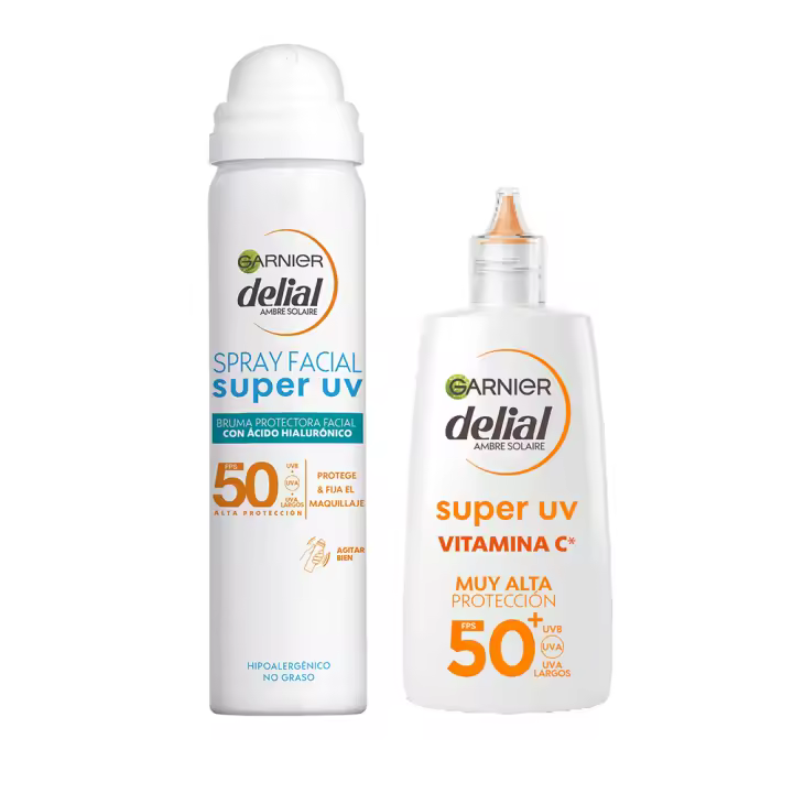 Garnier | Rutina Delial SUPER UV FPS50+ Bruma Protectora Facial con Textura Invisible - 75ML + SUPER UV Vitamina C FPS50+ Crema Fluida Diaria Anti-Manchas oscuras - 40ml - 1