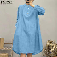 ZANZEA Vestido De Camisa Para Mujer Estilo Vintage Cuello En Pie Botones Manga Larga Casual Longa Suelta Mini Vestido Manga Larga Estilo Vintage Para Otoño Con Bolsillos - details 2