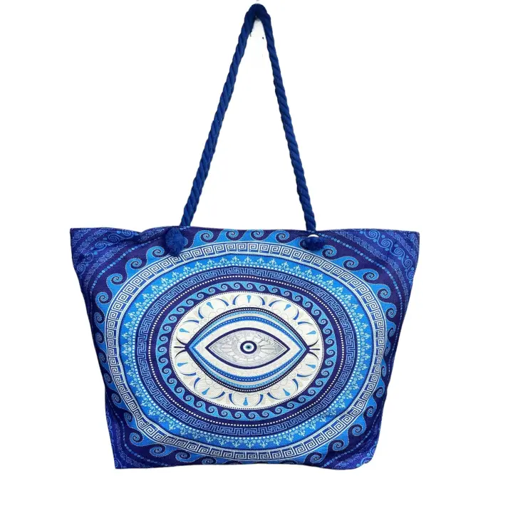 MEJORADA KD-2306 Bolso de Playa-Tote Bag Súper Grande 60x40x20CM con Diseño de Ojo Turco y Motivos Azules, Ideal para Playa y Vacaciones - 1