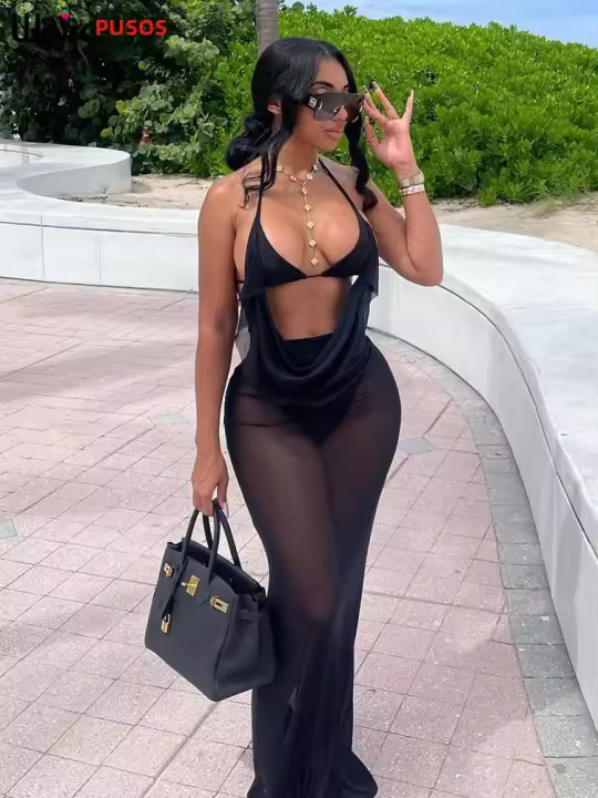 Vestido Bodycon De Verano Para Mujer Con Halter See through Y Faldas Internas Estilo Playa Sexy Y Club Manga Sin Mangas Cierre Pullover - 1