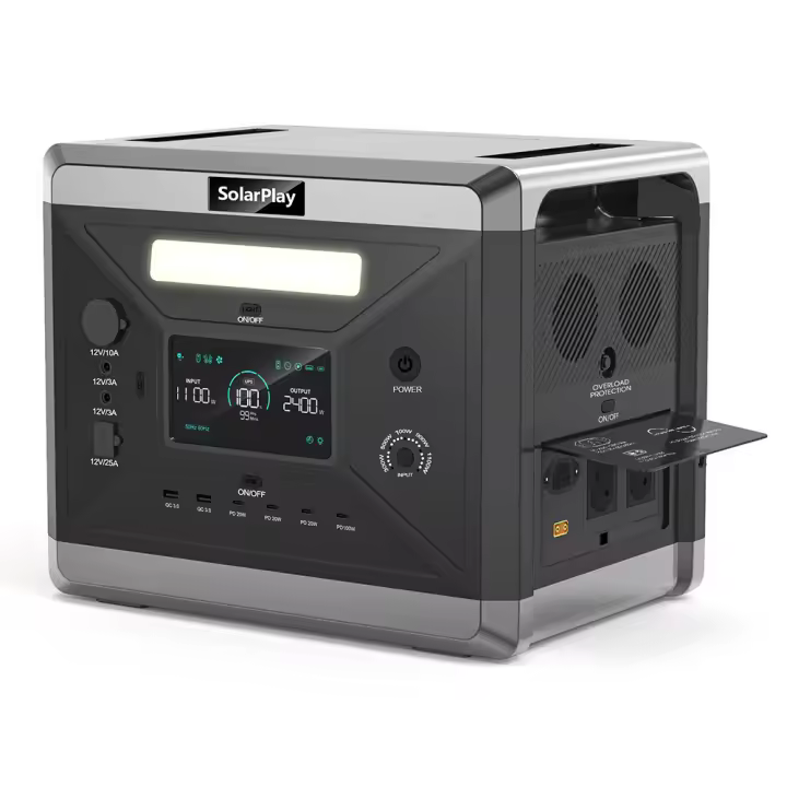 SolarPlay Q2501 2400W/2160WH estación de energía portátil, batería LiFePO4 , 12 puertos de salida, carga completa en 1.5 horas, 4 métodos de carga, 2xAC, 2xDC, 1xXT60, 1xCar Ignition, 6xUSB - 1