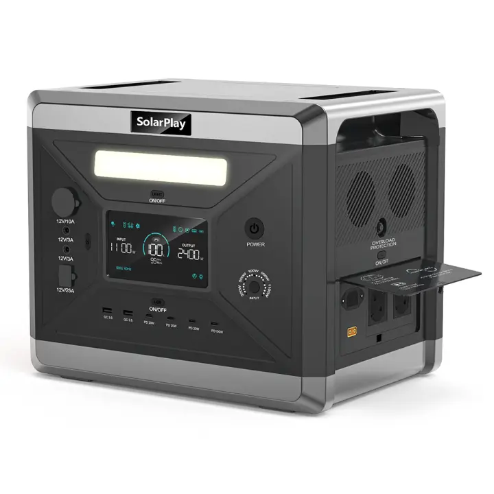 SolarPlay Q2501 2400W/2160WH estación de energía portátil, batería LiFePO4 , 12 puertos de salida, carga completa en 1.5 horas, 4 métodos de carga, 2xAC, 2xDC, 1xXT60, 1xCar Ignition, 6xUSB - 1