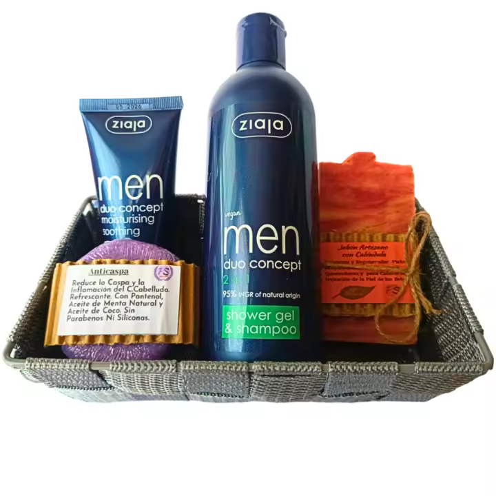 Cesta Regalo Hombre. Facial, Corporal y Capilar. Pack Ahorro. Crema Facial, Champú Sólido, Gel Ducha y Jabón Artesano. PumarShop Cinnia Natura - 1