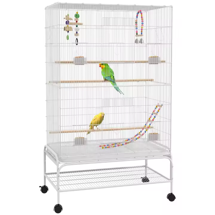 PawHut Jaula para Pájaros con Ruedas Jaula Grande con Soporte Pajarera con Bandeja Extraíble Puertas Comederos Perchas Juguetes y Estante Inferior para Canarios Periquitos 79x49x133 cm Blanco - 1