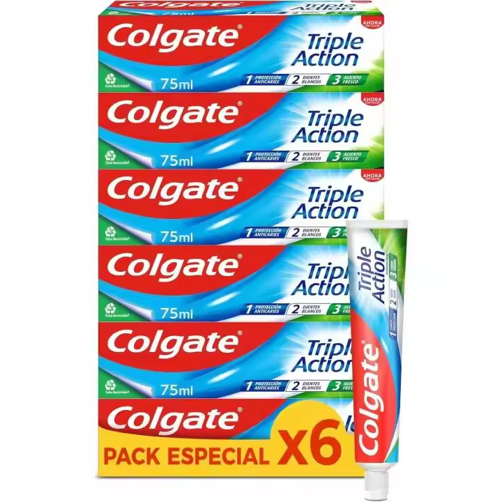 Colgate Pasta de Dientes Triple Acción Pack Ahorro 6x75 ml – Protección contra Caries, Limpieza Profunda y Frescura Duradera【ROUA】 - 1