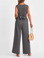 Traje De Mujer Elegante Y Moderno De Color Sólido Con Cuello En V Y Pierna Ancha Sin Mangas Traje De Verano Para Mujer - details 15