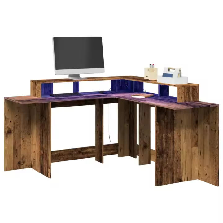 vidaXL Escritorio con LED madera ingeniería 152x152x91cm en color Gris hormigón/Roble ahumado/Marrón roble y más | estructura resistente ideal para salón dormitorio o estudio - 1