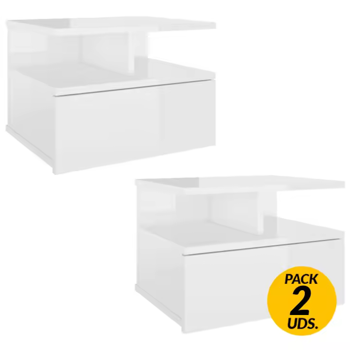 VidaXL Pack de 2 mesitas de noche flotantes 1 cajón 2 estantes blanco brillo 27x40x31 cm - 1