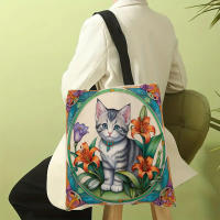 Bolso De Hombro Para Mujer Durable De Lino Con Estampado De Flores Y Gatos Bolso De Compras Y Playa Casual Unisex - details 4