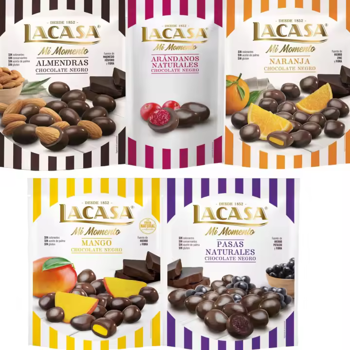 Lacasa Mi Momento pack de 5:Arándano choco Negro 60G,Pasas choco Negro 150G,Almendra choco Negro 125G,Naranja choco Negro 125G,Mango choco Negro 115G - 1