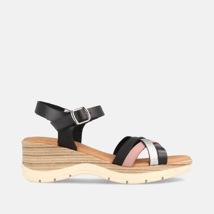 MARILA SHOES SANDALIA DE PIEL PARA MUJER CON CUÑA MEDIA PARIS COMBI NEGRO - 1