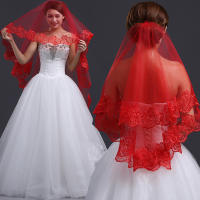 Velo De Novia Clásico Rojo Largo De Encaje Para Mujeres Peinado Sencillo Pieza Única Técnica De Tejido Al Vapor - details 0