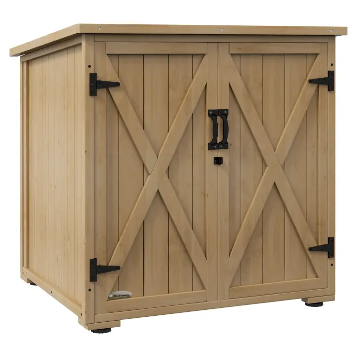 Outsunny Armario de jardín, armario para herramientas, cobertizo para herramientas resistente a la intemperie, armario de madera con puerta doble, cobertizo para jardín, balcón, natural, 77,5 x 88 x 90 cm - 1