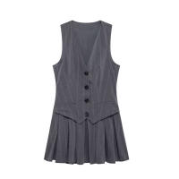 Vestido De Estilo Chaleco Para Mujer UNIZERA Con Rayas Amplias Planchadas Y Botones Solos Vestido Plisado Para Otoño - details 2