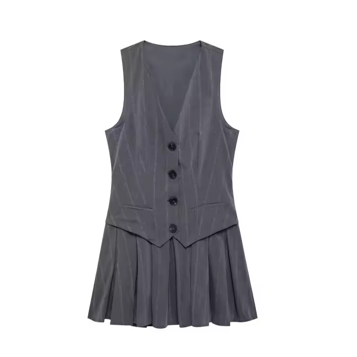 Vestido De Estilo Chaleco Para Mujer UNIZERA Con Rayas Amplias Planchadas Y Botones Solos Vestido Plisado Para Otoño - 1
