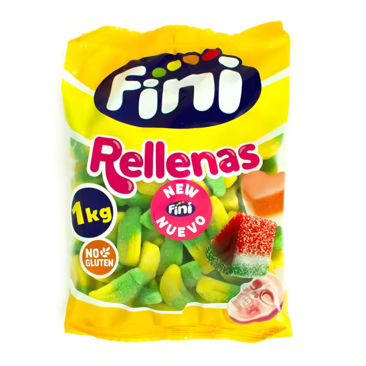 Fini Rellenas Platano - Bolsa de 1 Kg - Golosinas con Relleno Cremoso - Sabor Intenso a Platano - Sin Gluten - 1