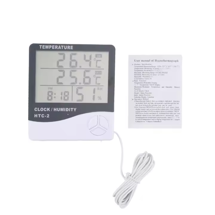 Metros De Temperatura Y Humedad Digital LCD HTC-2 Estación Climática Con Reloj Para Interior Y Exterior Medidor De Clima - 1