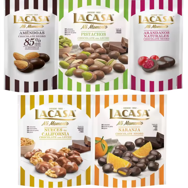 Lacasa Mi Momento pack de 5:Arándano choco Negro 60G,Almendra 85% 65G,Nueces Leche 115G,Naranja choco Negro 125G,Pistacho Leche 100G - 1