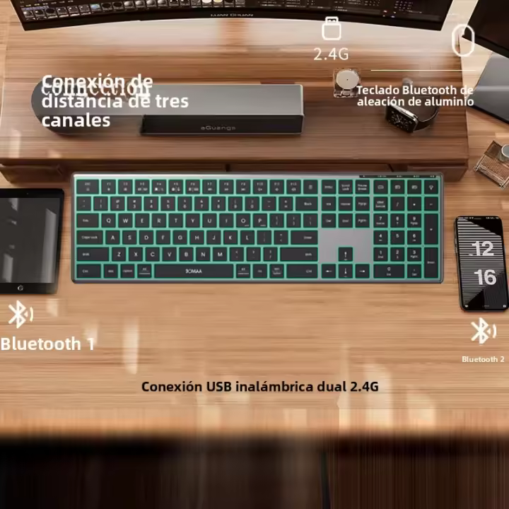 Teclado Inalámbrico Bluetooth Con Iluminación Multicolor Recargable Para Multiple Dispositivos Compatible Con Laptop Tablet iPad - 1