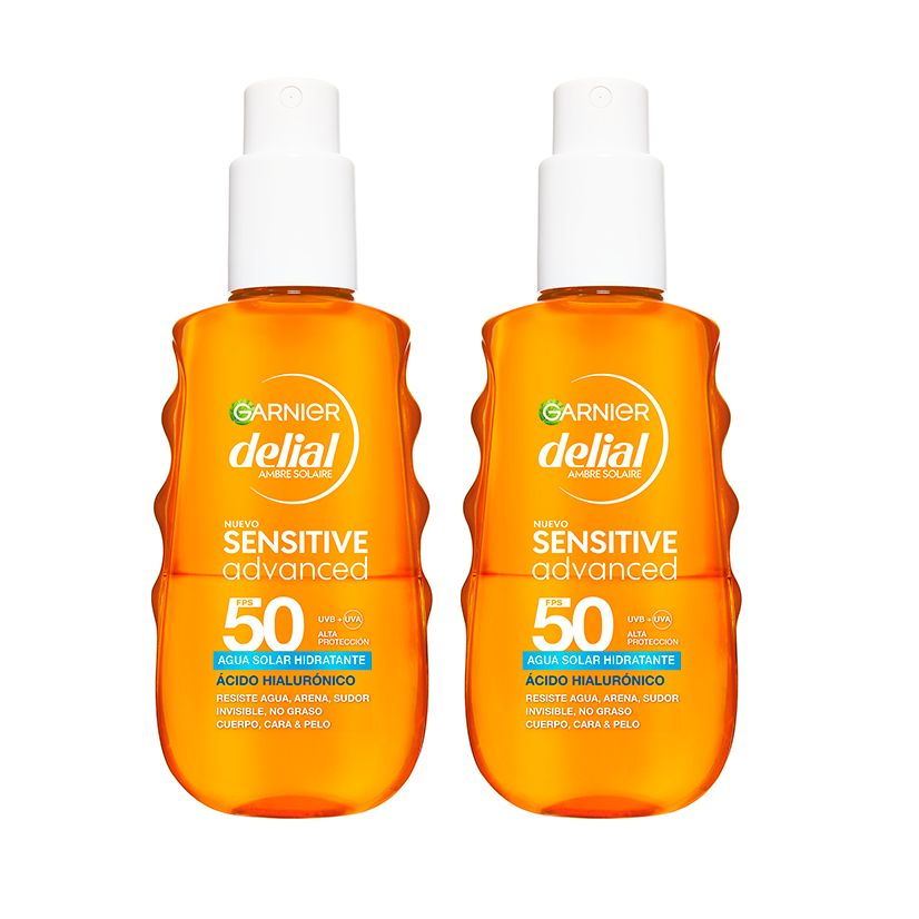 Garnier | Delial Sensitive Advanced Agua Solar Hidratante FPS 50 - Protege, hidrata y refresca con ácido hialurónico. Triple resistencia al agua, al sudor y a la arena. Para el rostro, el cuerpo y el cabello, 2x150ml
