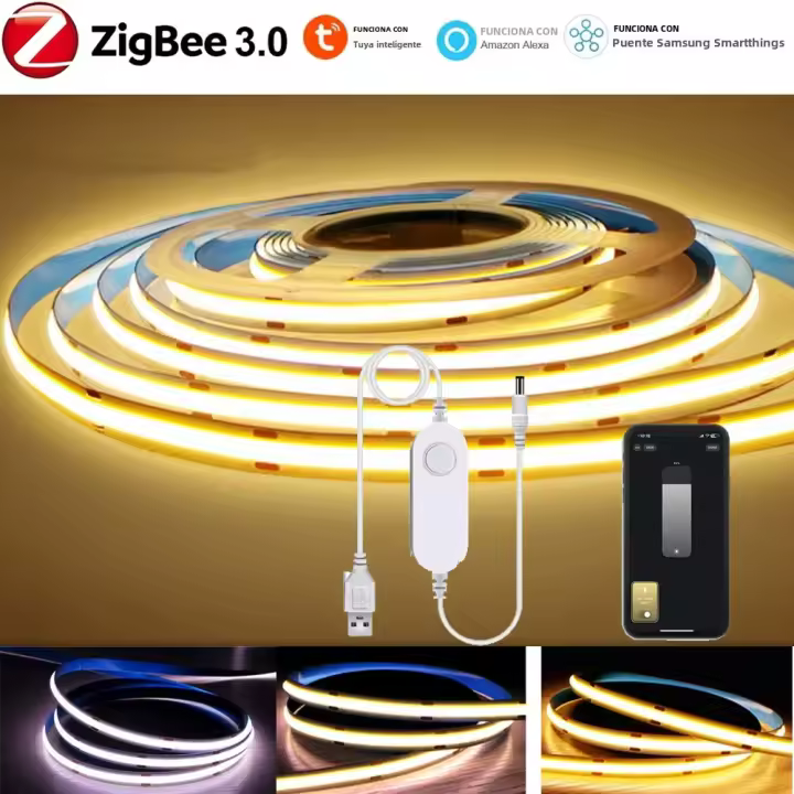 Tira De Luz LED COB Flexible 5V USB Tuya Zigbee 3.0 1m-5m Blanco Cálido Controlable Por Voz Para Decoración De Hogar Compatible Con Alexa Google - 1