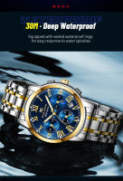 Reloj De Pulsera De Lujo Para Hombres 2024 Multifuncional De Acero Inoxidable 40mm Color Azul Oro Con Calendario Y Luz Fluorescente Resistente Al Agua 3Bar - details 1