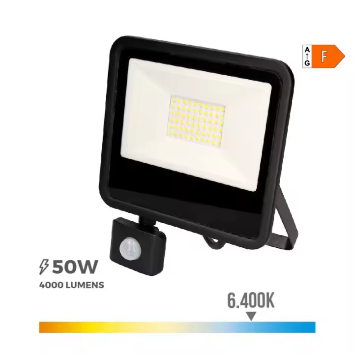 EDM Foco Proyector LED 50W 4000LM Luz Fría con Sensor de Presencia - 70357  Iluminación Exterior Proyectores Led - 1