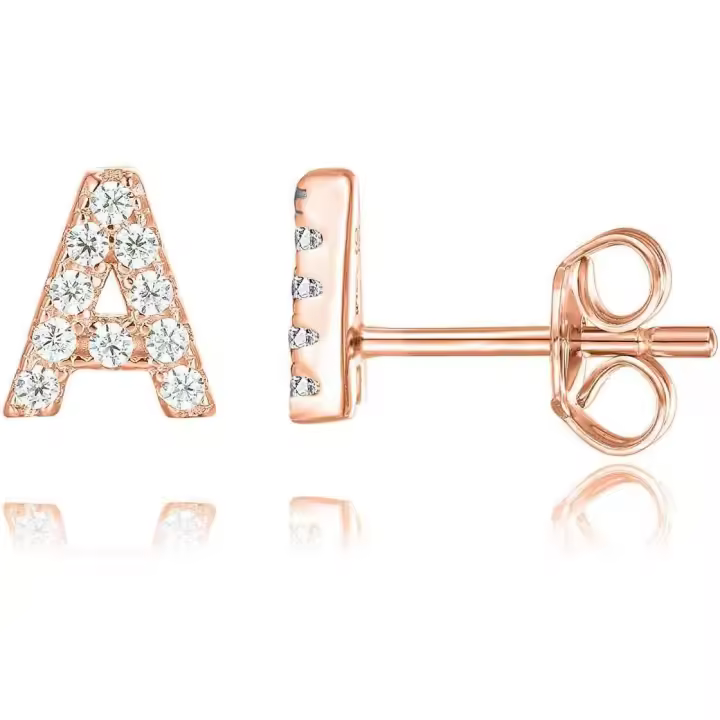 14K Chapado en Gold 925 Plata de Ley zirconia cúbica Letra inicial pendientes para las mujeres | Diamond simulado Alphabet Letra pendientes Rose Gold - 1