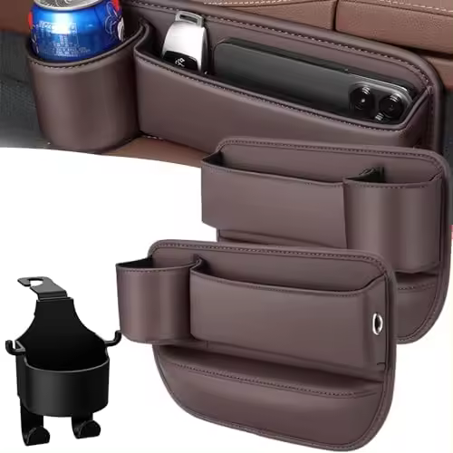 Bolsa para espacio de portavasos de cuero para automóvil, bolsa para espacio para portavasos de cuero para automóvil, caja de almacenamiento para asiento de automóvil con portavasos, almacenamiento para asiento de automóvil (gris, mixto) - 1