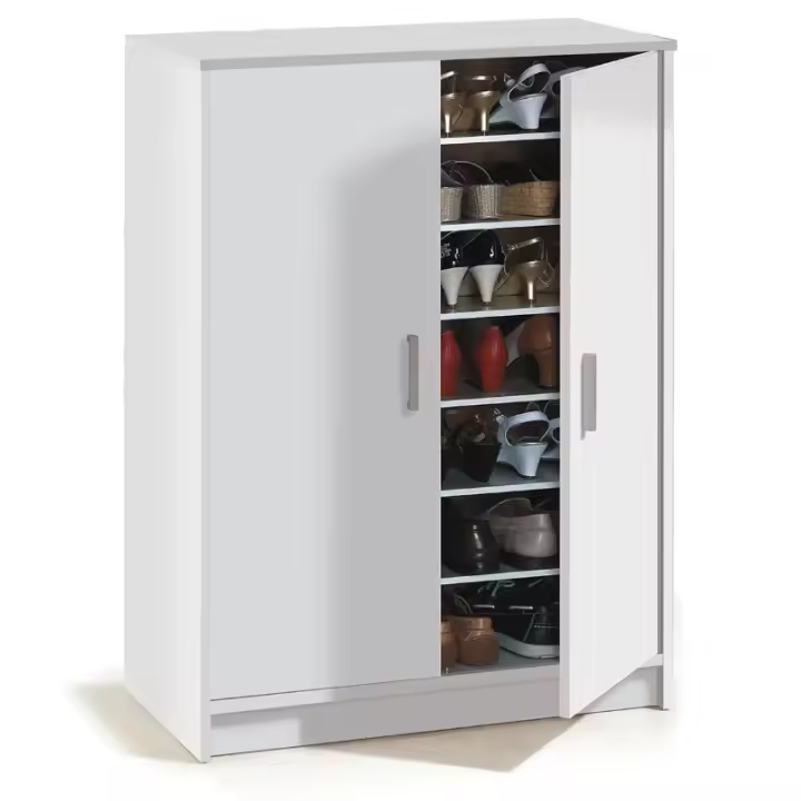 Meimon Zapatero-armario BASIC blanco con 2 puertas y 6 estantes regulables, fabricado en melamina TIPO E1 (15/10 mm) con trasera MDF, cantos melamínicos, bisagras y soportes metálicos, tiradores ABS gris aluminio, 75x36x101 cm, carga máx. 30 kg - 1