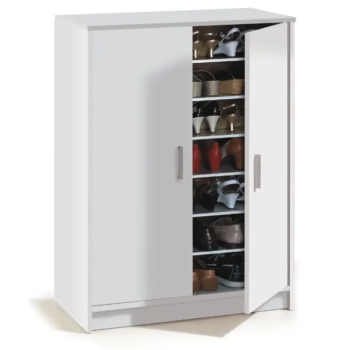 Meimon Zapatero-armario BASIC blanco con 2 puertas y 6 estantes regulables, fabricado en melamina TIPO E1 (15/10 mm) con trasera MDF, cantos melamínicos, bisagras y soportes metálicos, tiradores ABS gris aluminio, 75x36x101 cm, carga máx. 30 kg - 1