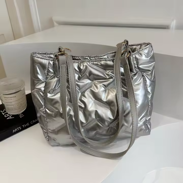 Bolsos de mano acolchados de gran capacidad para mujer, bolsos de hombro acolchados de algodón de plumón, bolsos de axilas de moda para niñas, bolsos hinchados de invierno - 1