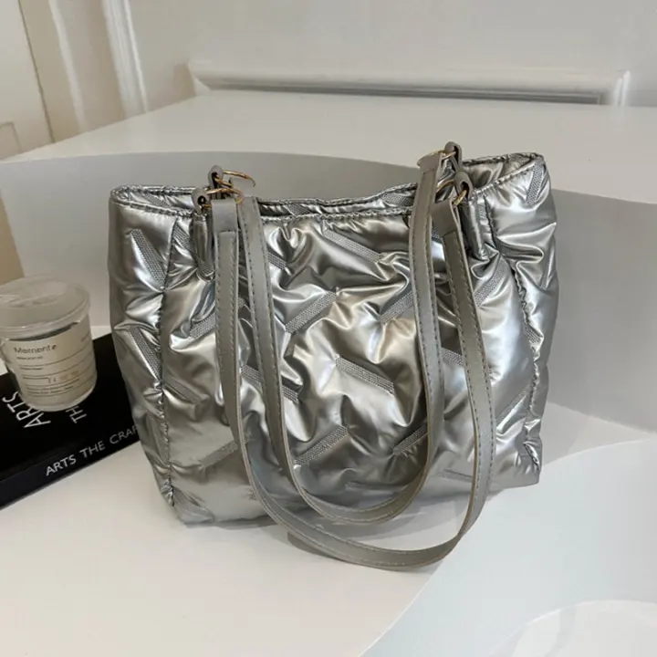 Bolsos de mano acolchados de gran capacidad para mujer, bolsos de hombro acolchados de algodón de plumón, bolsos de axilas de moda para niñas, bolsos hinchados de invierno - 1