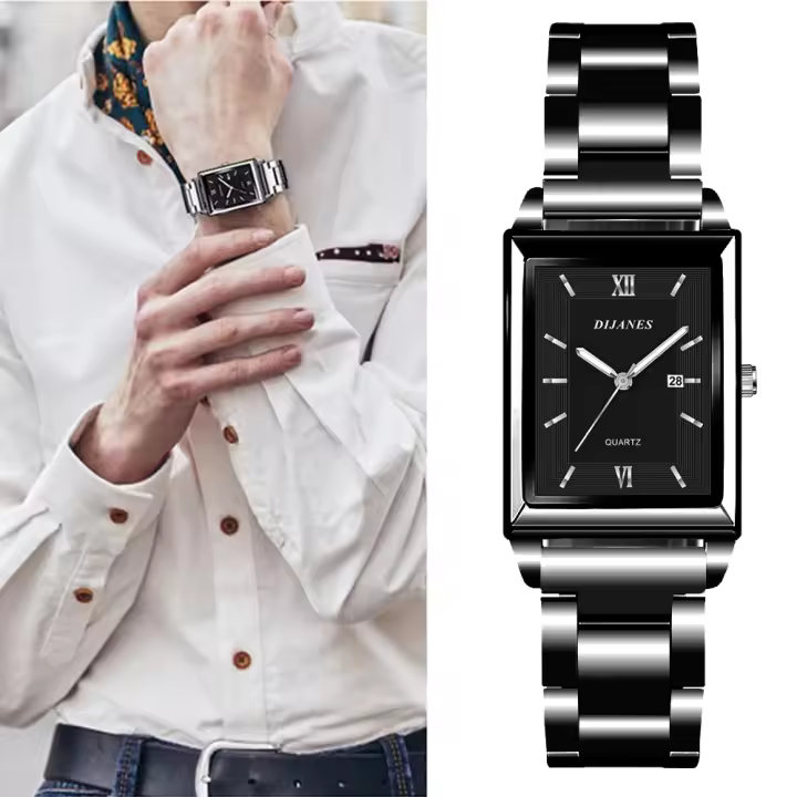 Reloj De Lujo Para Hombre De Marca Top Fashion Cuadrado Oro Plata Cuarzo Correa De Acero Inoxidable Estilo Élégante Y Casual Resistente Al Agua - 1