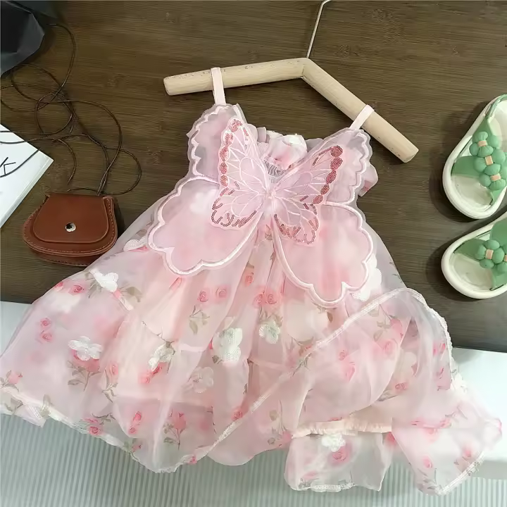 Vestido De Princesa Para Bebé Niña Verano Con Estampado Floral Y Nuevos Alas Traseras Vestido De Cumpleaños Bohemio Sin Mangas Largo Hasta La Rodilla - 1