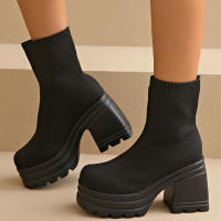 Botas De Mujer Lightweight Casual Con Plataforma Y Tacón Chunky Block Moda Invierno Calf High Sock Botas Material Elástico - details 5